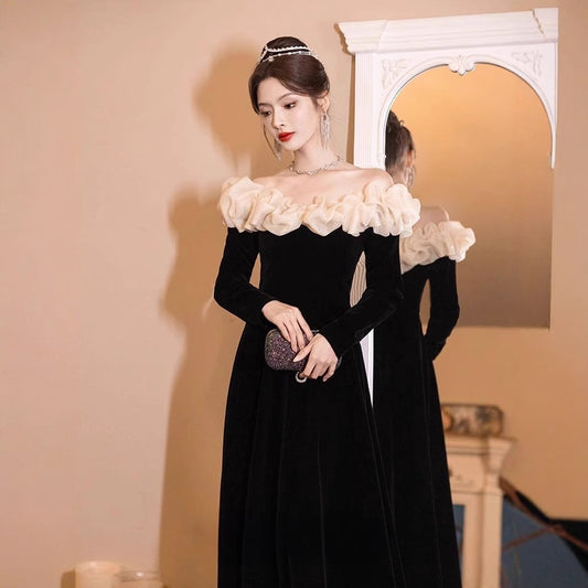 off-Shoulder Black Evening Dress 2024 New Banquet Temperament Host French Entry Lux Niche Long Sleeve Autumn and Winter