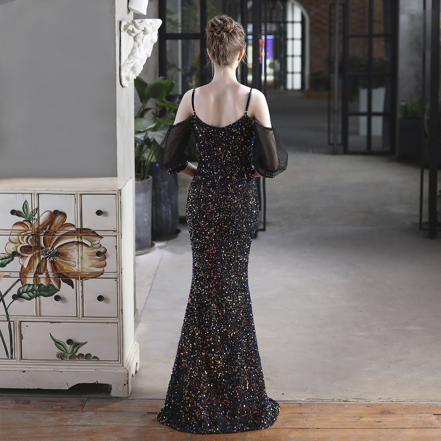 18685# Colorful Sequin Toast Dress Bride Long Appreciation Dinner Slim-Fit Fishtail Skirt Wedding Car Model Exhibition Dress