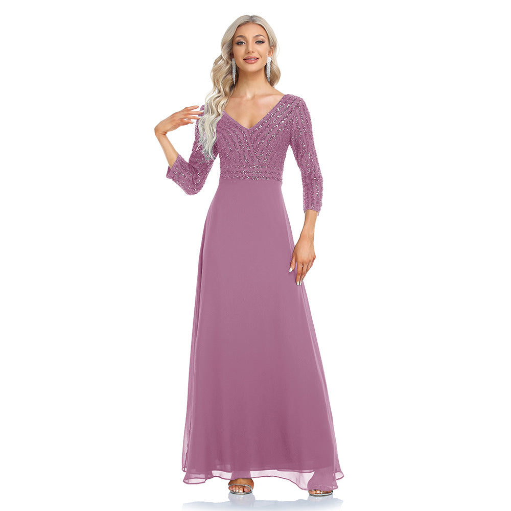 2023 Spring and Summer Women's Chiffon Bridesmaid Dress Double V-neck Dress 3/4 Sleeve A- line Large Hem Sequin Stitching Evening Dress