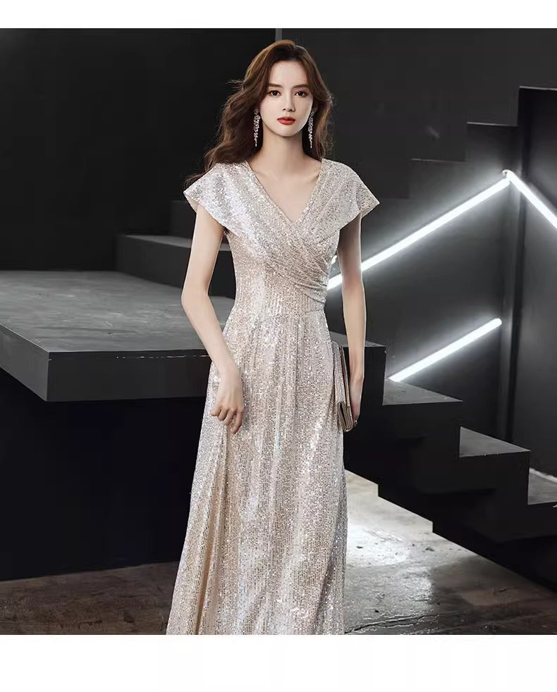 Banquet Evening Dress 2024 New High Sense V-neck Sequins Special Interest Light Luxury Performance Host's Dress Dress