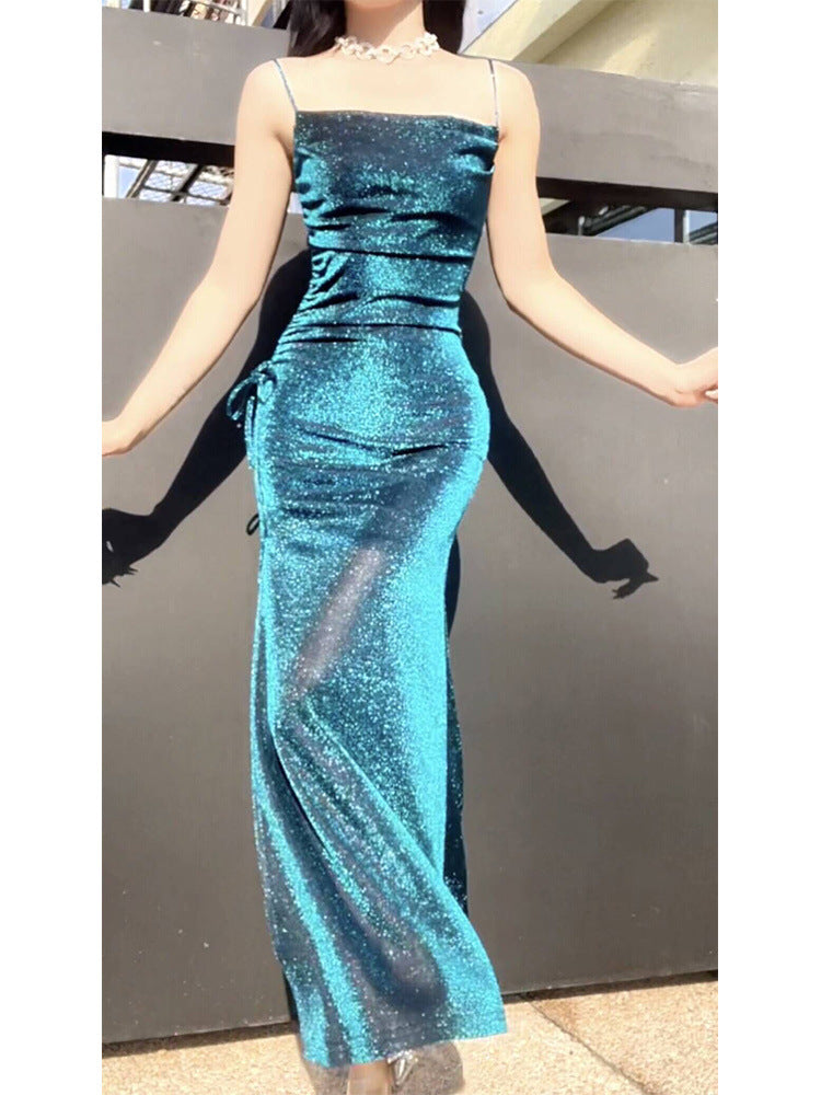 [Rona River Starry Night] Light Luxury Bright Silk Sling Dress Elegant Slimming High-End Evening Dress High-End Dress