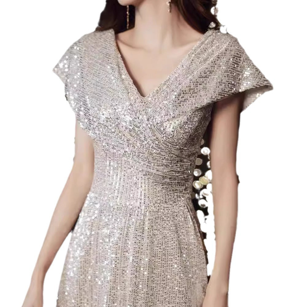 Banquet Evening Dress 2024 New High Sense V-neck Sequins Special Interest Light Luxury Performance Host's Dress Dress