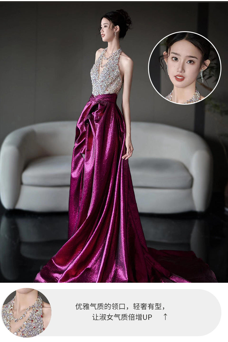 Halter Evening Dress 2024 New High Sense Heavy Industry Beads Banquet Temperament Host Bride Engagement Toast Clothing