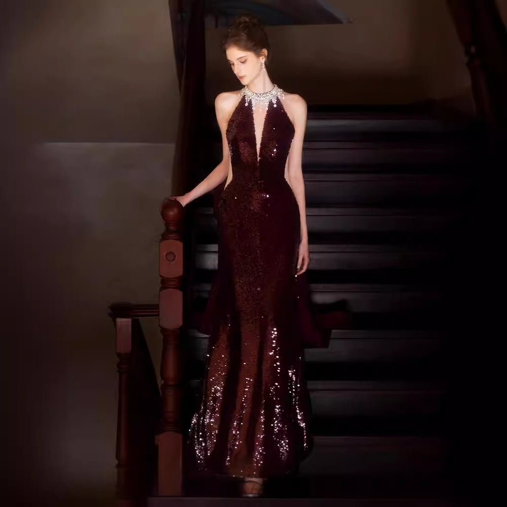 Sequined Toast Dress for Bride Wine Red Engagement Banquet Temperament Long Halter-Style Heavy Work Fishtail Evening Dress for Women