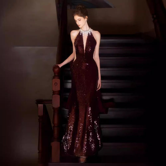 Sequined Toast Dress for Bride Wine Red Engagement Banquet Temperament Long Halter-Style Heavy Work Fishtail Evening Dress for Women