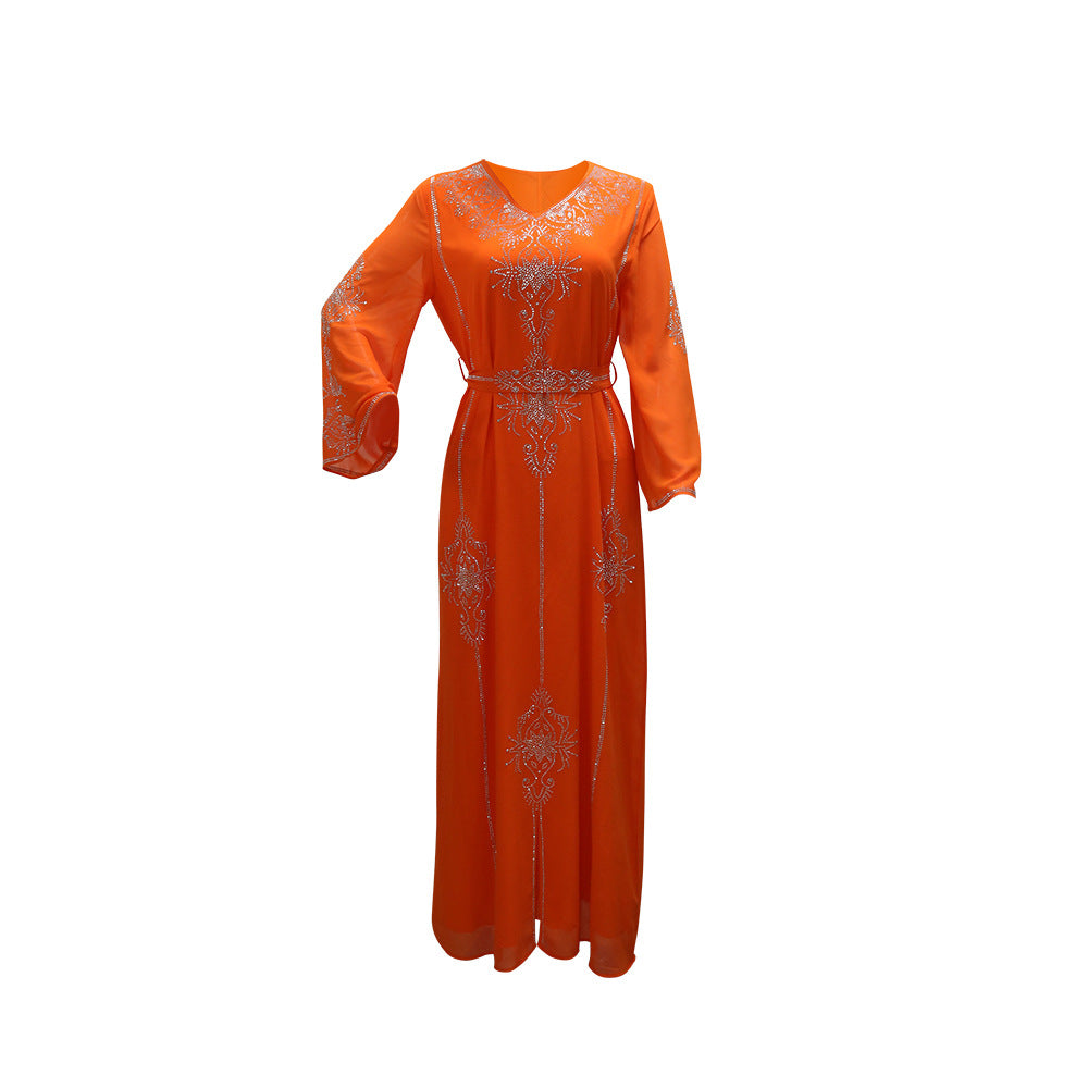 Xqy500176 Saudi Arabia Dubai Fashion Rhinestone Dress Summer Chiffon Robe Middle East Women's Dress