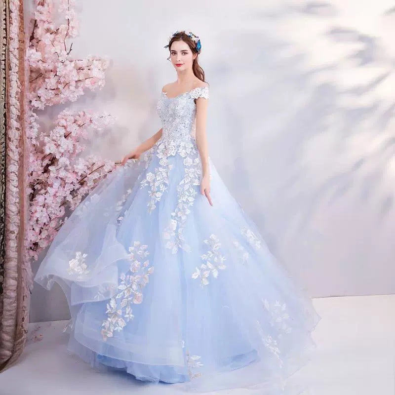 Super Fairy Wedding Dress 2024 Autumn Blue Flower Art Exam Catwalk Fashion Trend Foreign Trade Banquet Evening Dress for Women