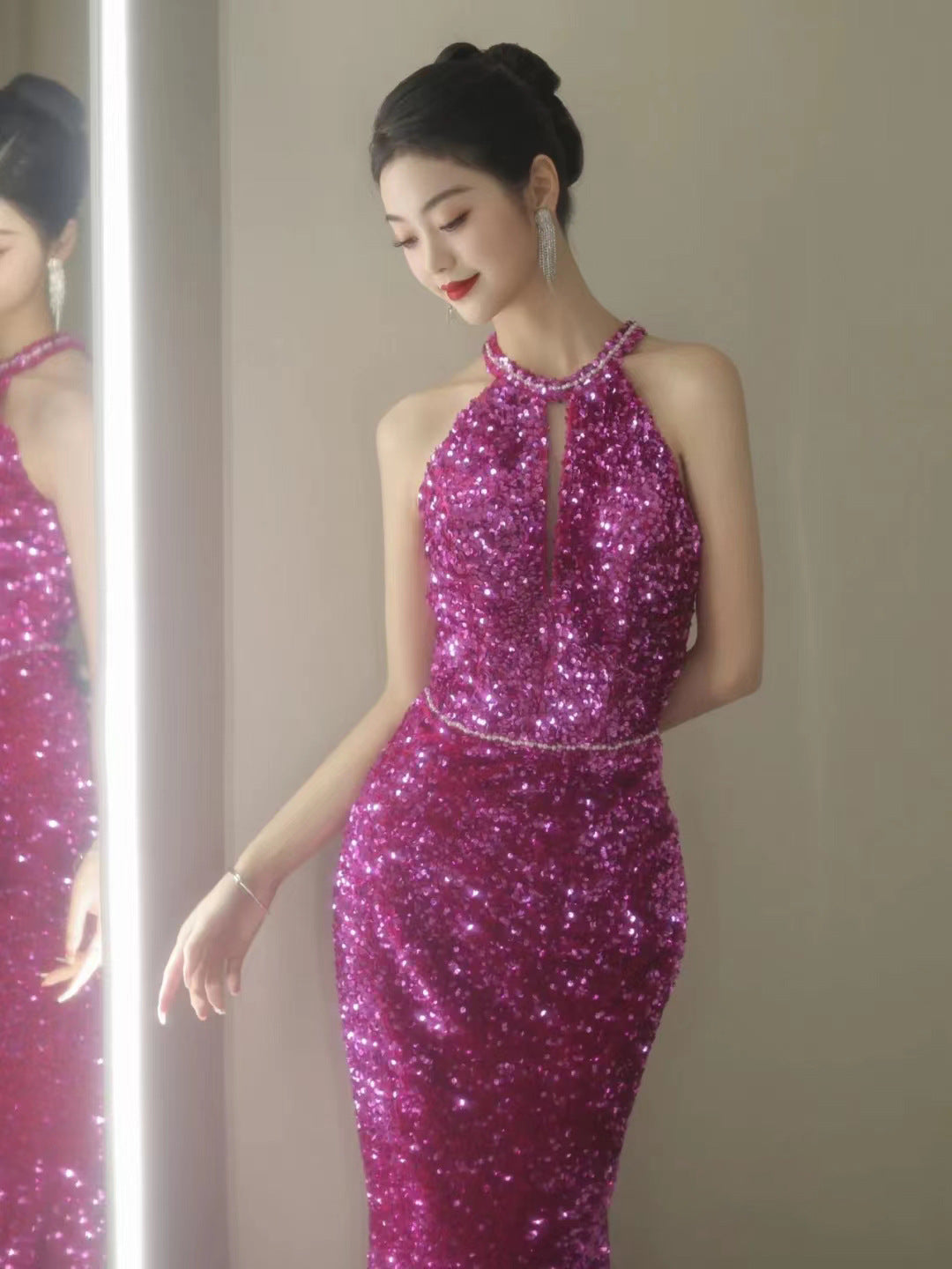 Dragon Fruit Dinner Dress 2024 New Sequined Fishtail Bridal Wedding Toast Backless Party Evening Dress