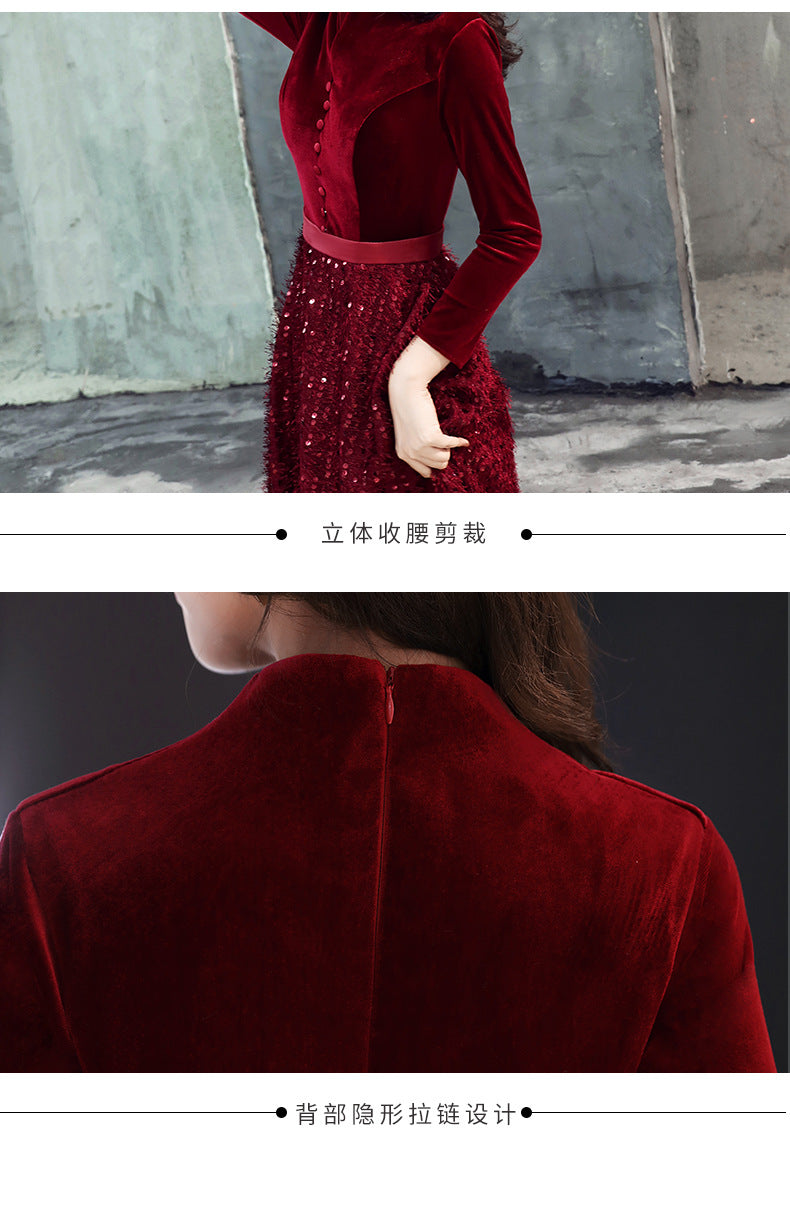 Evening Dress for Women 2024 New Elegant Toast Dress Wine Red Bride Elegant Long Sleeve Wedding Clothes Autumn