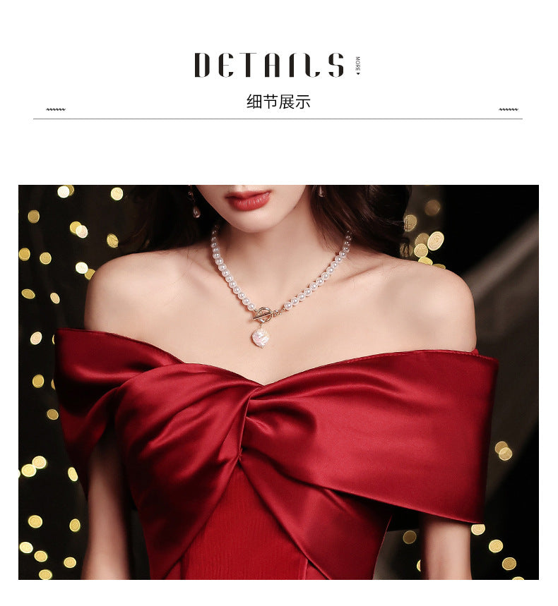 Wine Red Toast Dress Bride 2024 New Appreciation Dinner Engagement Wedding Back-to-Door off-Shoulder Evening Dress for Women Autumn