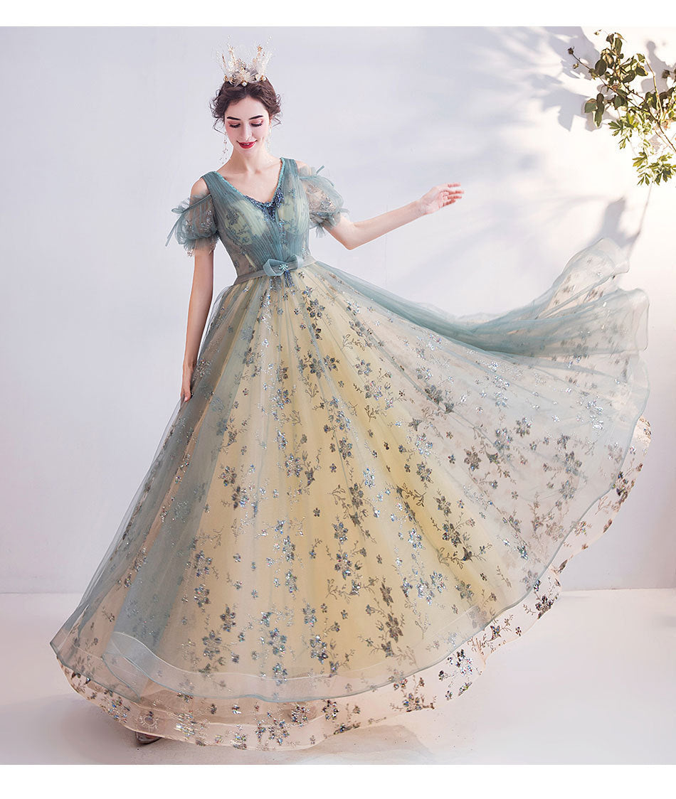 Stage Performance Host's Dress 2024 New Deep V-neck Retro Green off-the-Shoulder Puff Sleeves Dress Wholesale