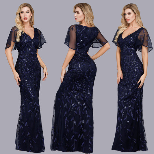 Spring 2021 Cross-Border Hot Selling Embroidered Sequins Dress Ruffle Sleeve V-neck High Waist Banquet Fishtail Evening Dress for Women