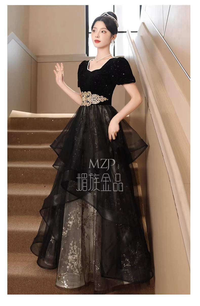 Black Evening Dress for Women 2024 New Banquet Long Sleeve French Summer Vocal Music Art Test Dress Light Luxury Minority High-End