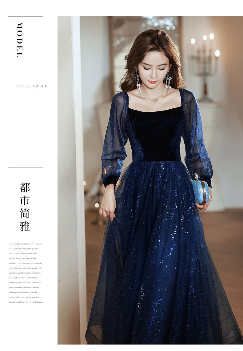 Women's Long-Sleeved Evening Dress for Banquet, High Sense High-End Affordable Luxury Niche Blue Sequined Conductor Chorus Solo Performance Costume