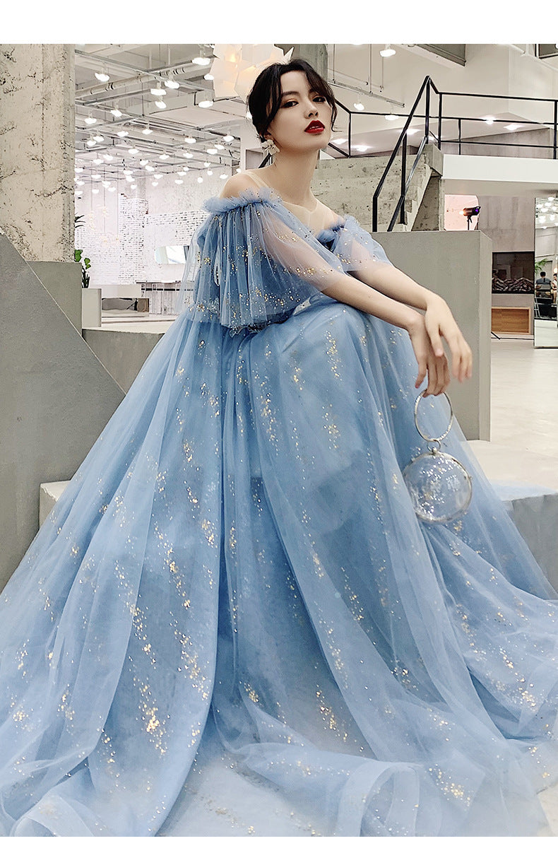 Blue Host Art Exam Evening Dress Female 2024 New Banquet Temperament Princess Fairy Mori Style