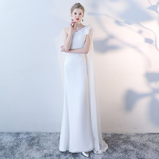 Evening Dress for Women Banquet Temperament Noble Atmosphere Queen White Long Type High-End Host Fishtail Dress Simple and Generous