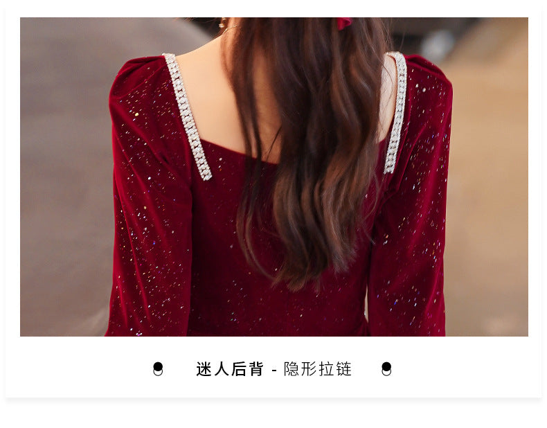 Toast Dress Bride 2024 New Autumn and Winter Fairy Wine Red Engagement Dress Wedding Back Door Toast Dress