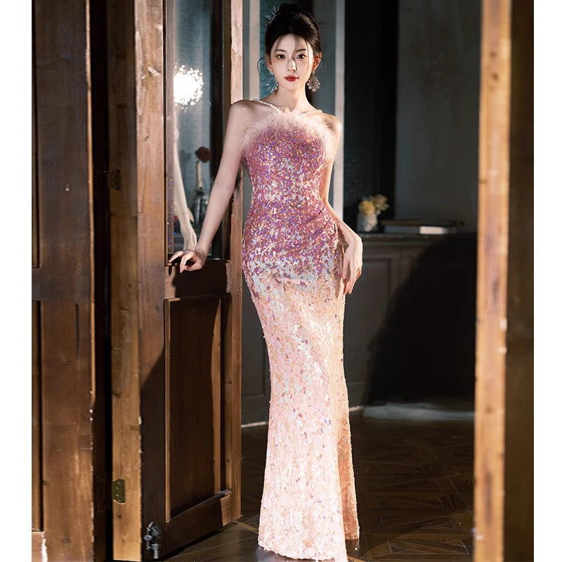 Tube Top Fishtail Dress Evening Dress for Women 2024 New High-End High-End Pink Niche Banquet Temperament Socialite Dress