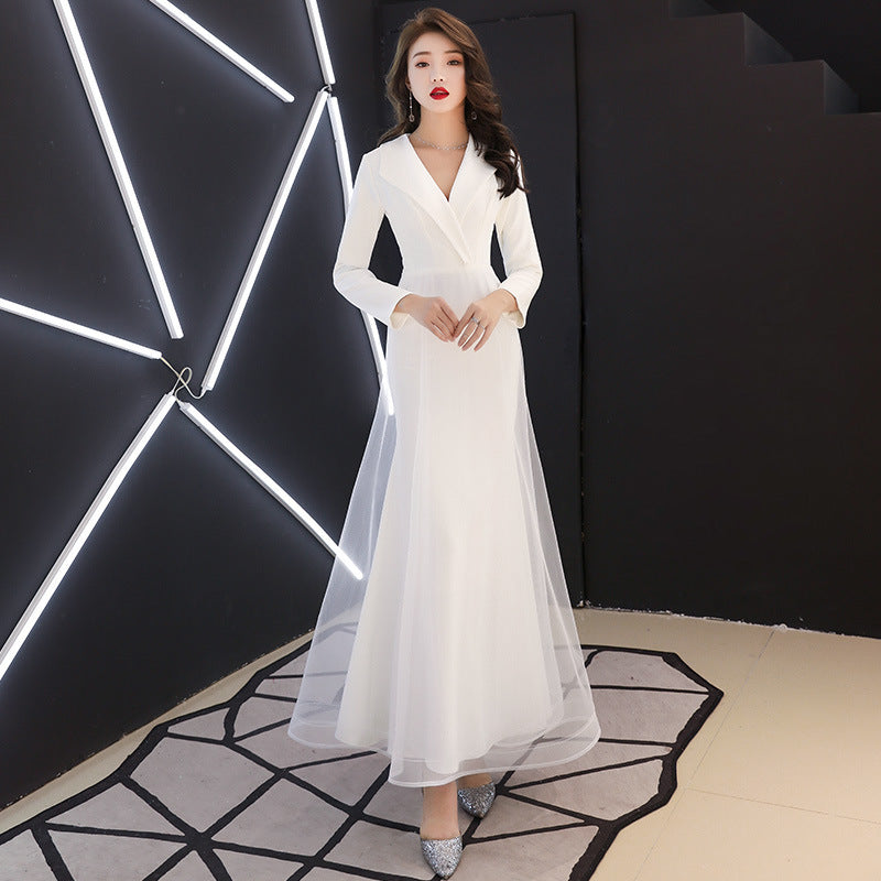 White Evening Dress Women's Long-Sleeved Annual Meeting Host Fishtail Dinner Dress 2024 New Socialite Long Temperament Slimming