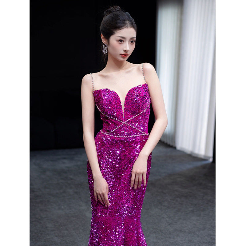 French Style Fishtail Toast Dress Bride High-Grade Sequined Evening Dress Morning Gowns Strap Engagement Dress Banquet Host Women