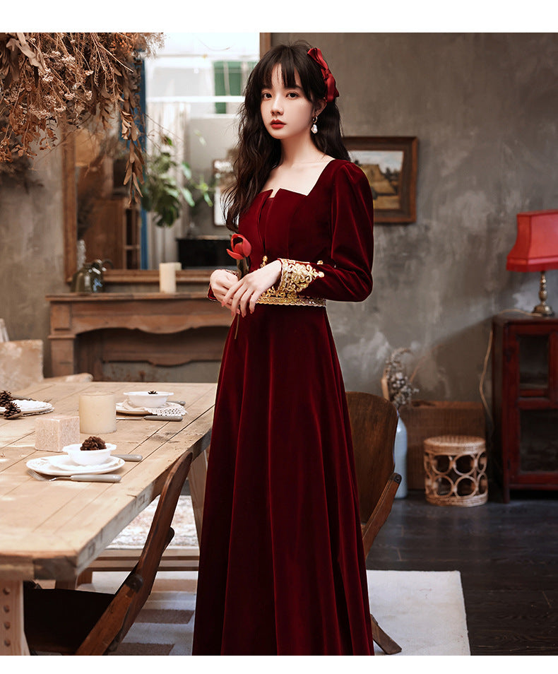 Wedding Toast Dress 2024 New Velvet Wine Red Long Bride Long Evening Dress Autumn Elegant Toast