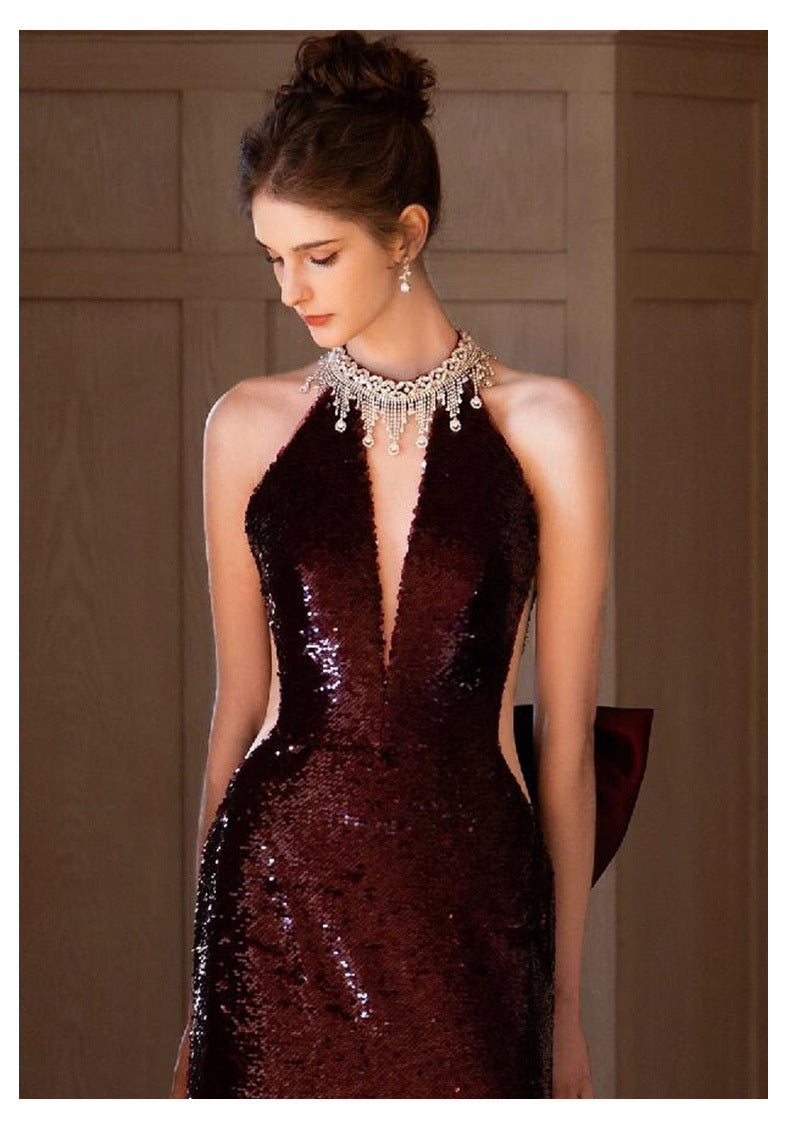 Sequined Toast Dress for Bride Wine Red Engagement Banquet Temperament Long Halter-Style Heavy Work Fishtail Evening Dress for Women