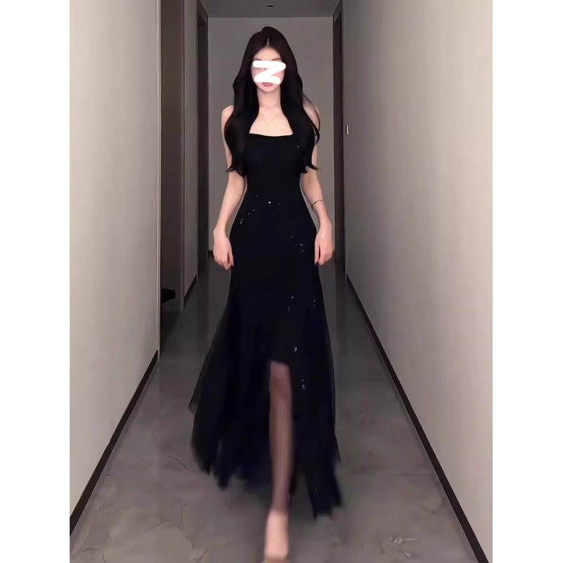 French Style Black Heavy-Duty Sling Dress Women's Summer Evening Dress Temperament Waist-Controlled Slim Fit Sexy Fishtail Long Dress