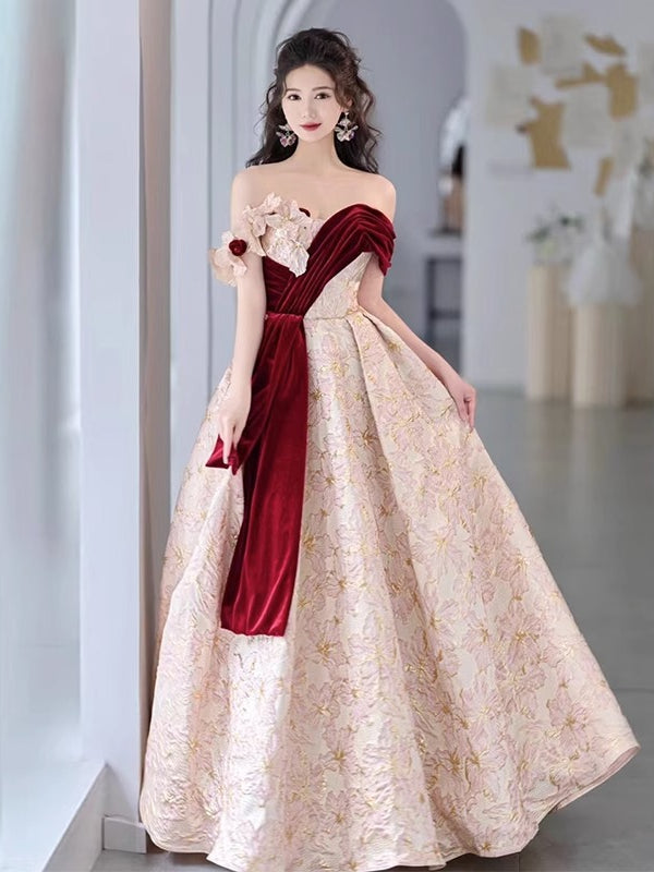 Evening dress gala ball gown pink flower red satin off shoulder Banquet French Bride H8923