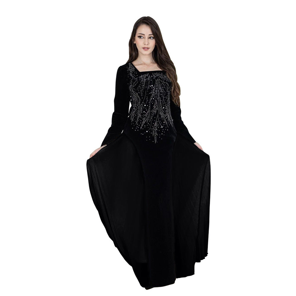 Xqy500222 Dubai Arabic Muslim Korean Velvet Chiffon Stitching Rhinestone Evening Dress Jalabia Women's Dress