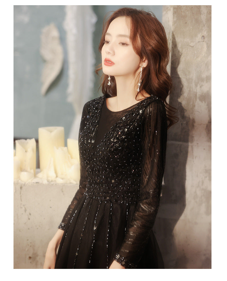 Black Evening Dress Female 2024 Autumn New Master Host Art Exam Dress Choral Performance Long Dress