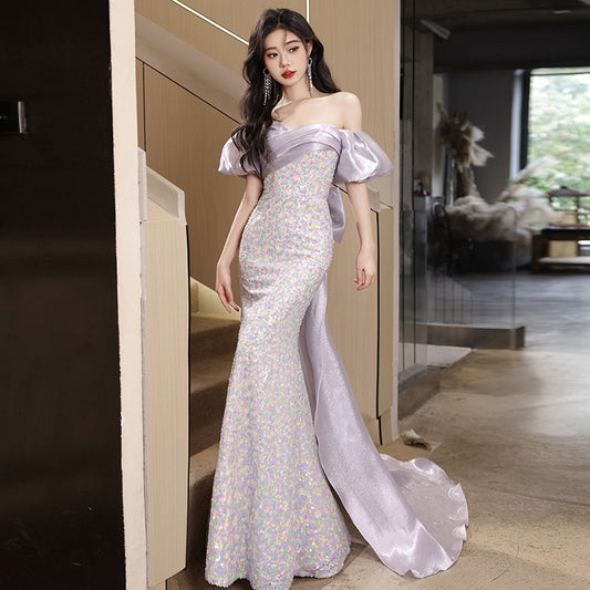 off-Shoulder Evening Dress for Women 2024 New Autumn Light Luxury Minority High-End Ladies Annual Meeting Host Banquet Dress