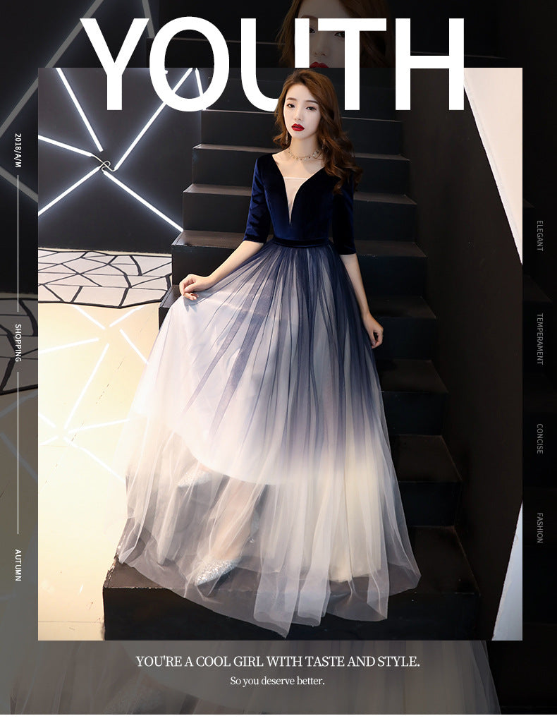 Evening Dress for Women 2024 New Banquet Mid-Sleeve Long Slimming Annual Meeting Socialite Dress Evening Dress for Women Autumn and Winter