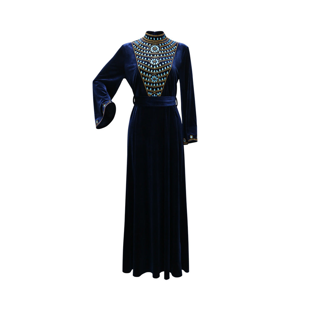 Xqy500219 Muslim Dubai Suede Dinner Dress Robe Blue Water Drop Rhinestone Jalabia Women's Clothing