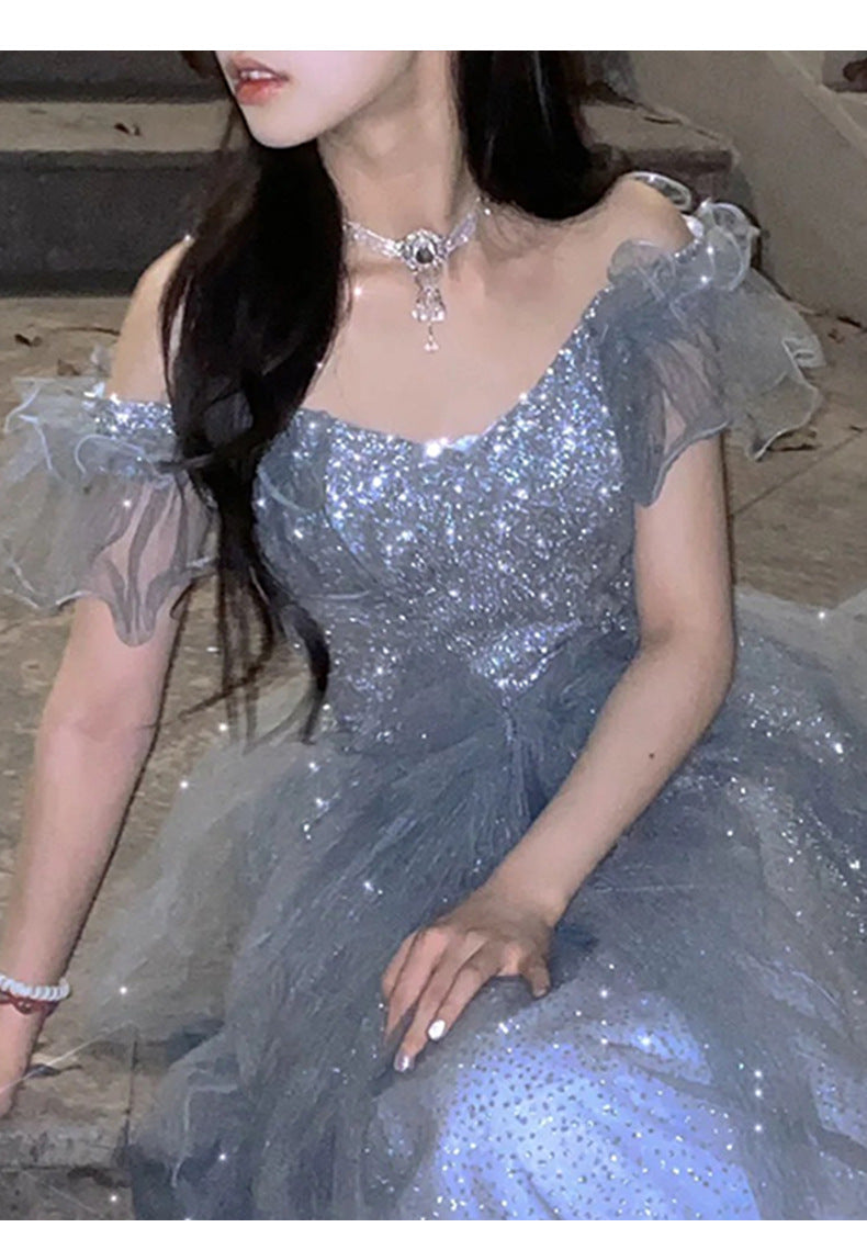 French Princess Escape Evening Dress Super Fairy Blue Student Art Exam Performance Dress off-Shoulder Temperament Bride Toast Dress