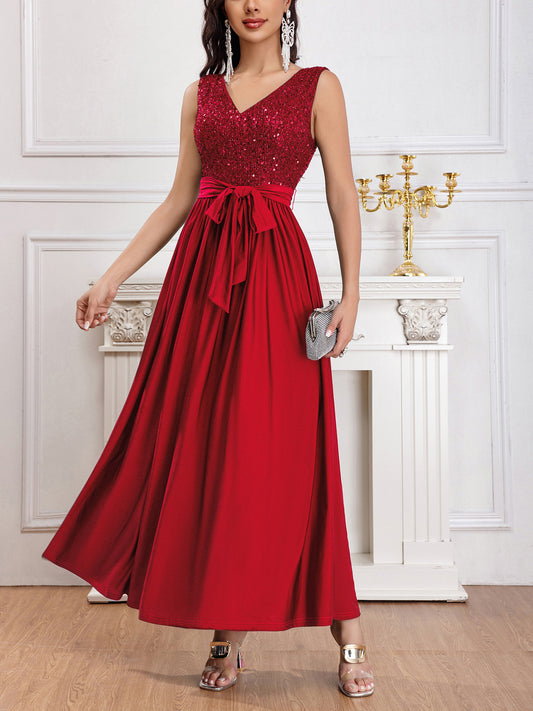 Cross-Border Women's Clothing Amazon New Dress Dress Fashionable Elegant Evening Dress with Belt Stitching Sequined Dress