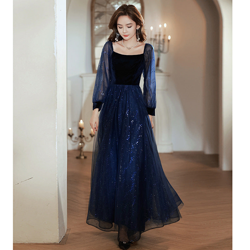 Women's Long-Sleeved Evening Dress for Banquet, High Sense High-End Affordable Luxury Niche Blue Sequined Conductor Chorus Solo Performance Costume