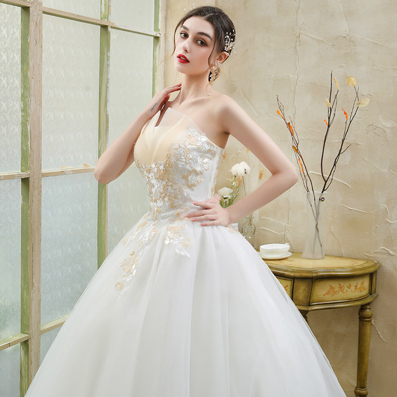 New Wedding Dress Forest Style French Strapless Bride Slimming Simple Wedding Gown Floor-Length Outdoor Veil Light