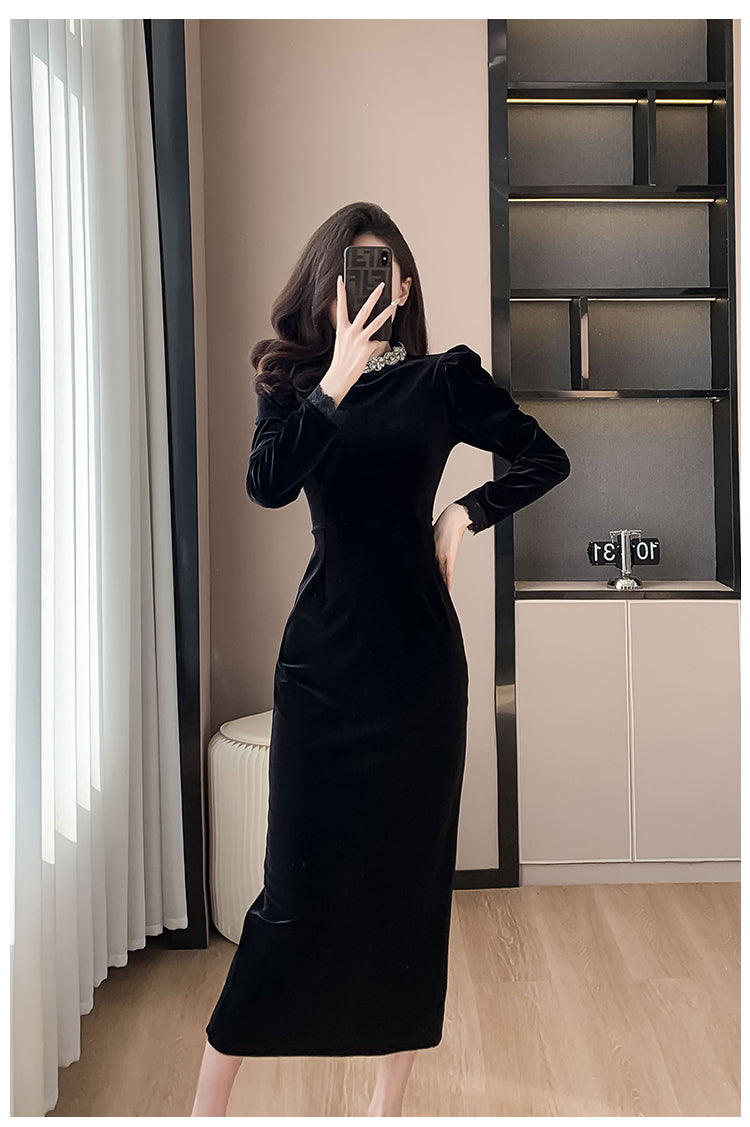 Black Dress High-End Dress Long Light Luxury Beads Rhinestones Long Sleeve Velvet Dress Autumn and Winter Annual Party Banquet Evening Wear