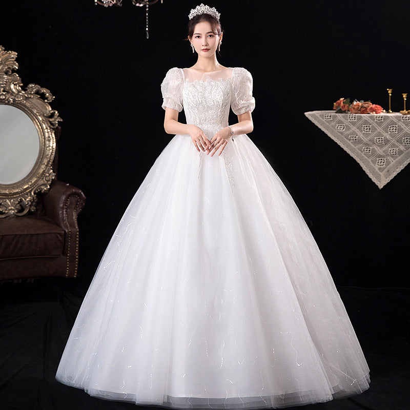 Wedding Dress L;Ace White Maxi Dresses Gala French Summer Short Sleeve White Bridal Court Floor-Length H223