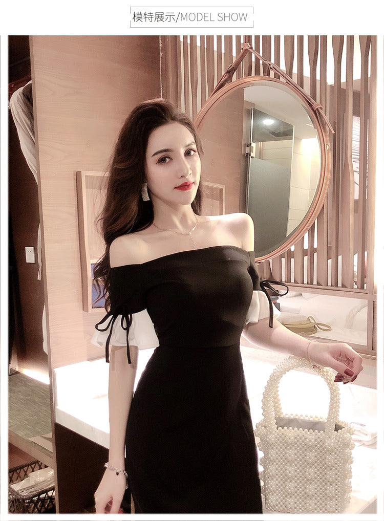 Women's off-Shoulder Black Banquet Evening Dress 2024 New Long Slim Fit Slimming Dress