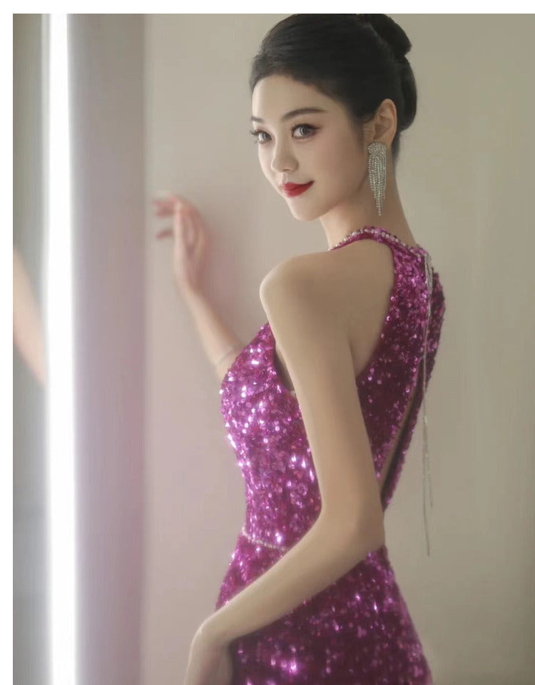 Dragon Fruit Dinner Dress 2024 New Sequined Fishtail Bridal Wedding Toast Backless Party Evening Dress