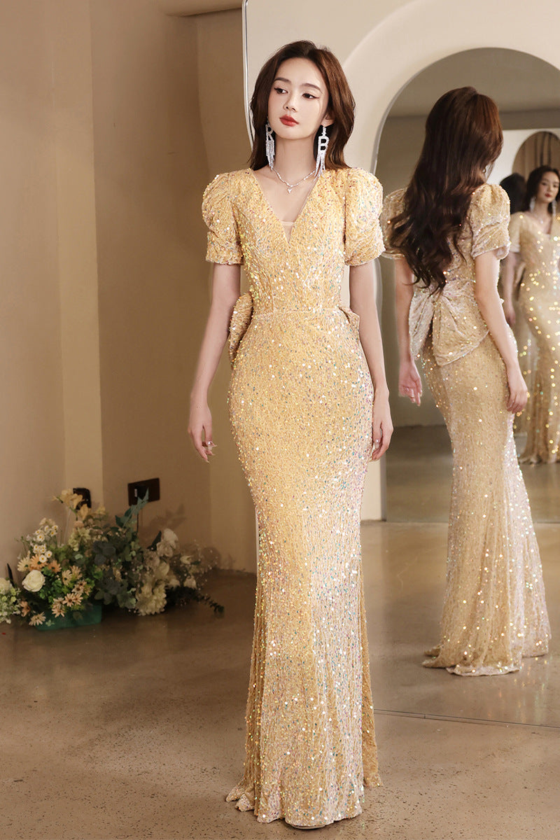 Evening Dress for Women 2024 New Light Luxury Toast Clothing Banquet Host Light Luxury Minority Light Luxury Fishtail Dress