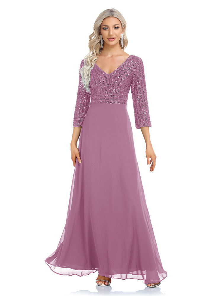 2023 Spring and Summer Women's Chiffon Bridesmaid Dress Double V-neck Dress 3/4 Sleeve A- line Large Hem Sequin Stitching Evening Dress