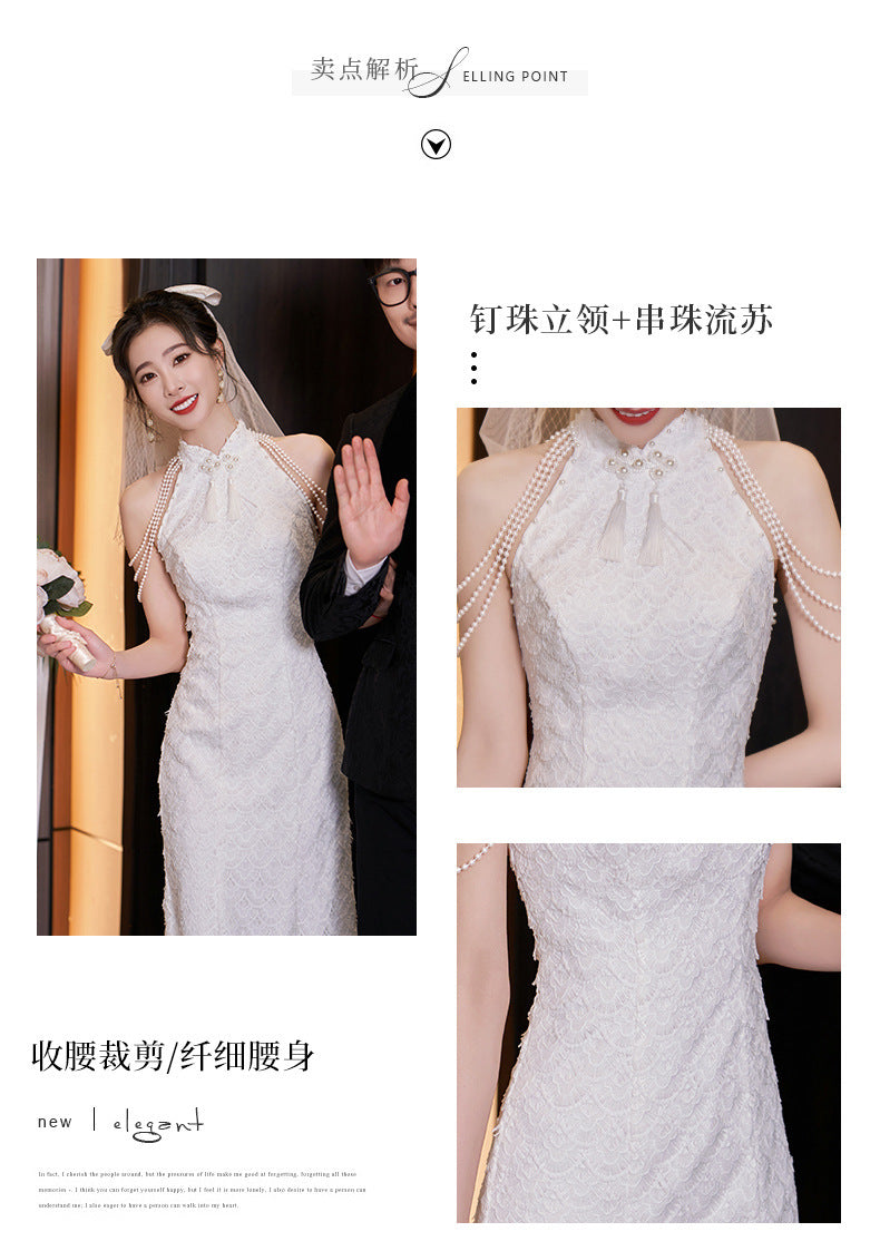 New Chinese Style Registration Slim White Dress Autumn and Winter Improvement Young Cheongsam Engagement Bride Lace Fishtail Dress