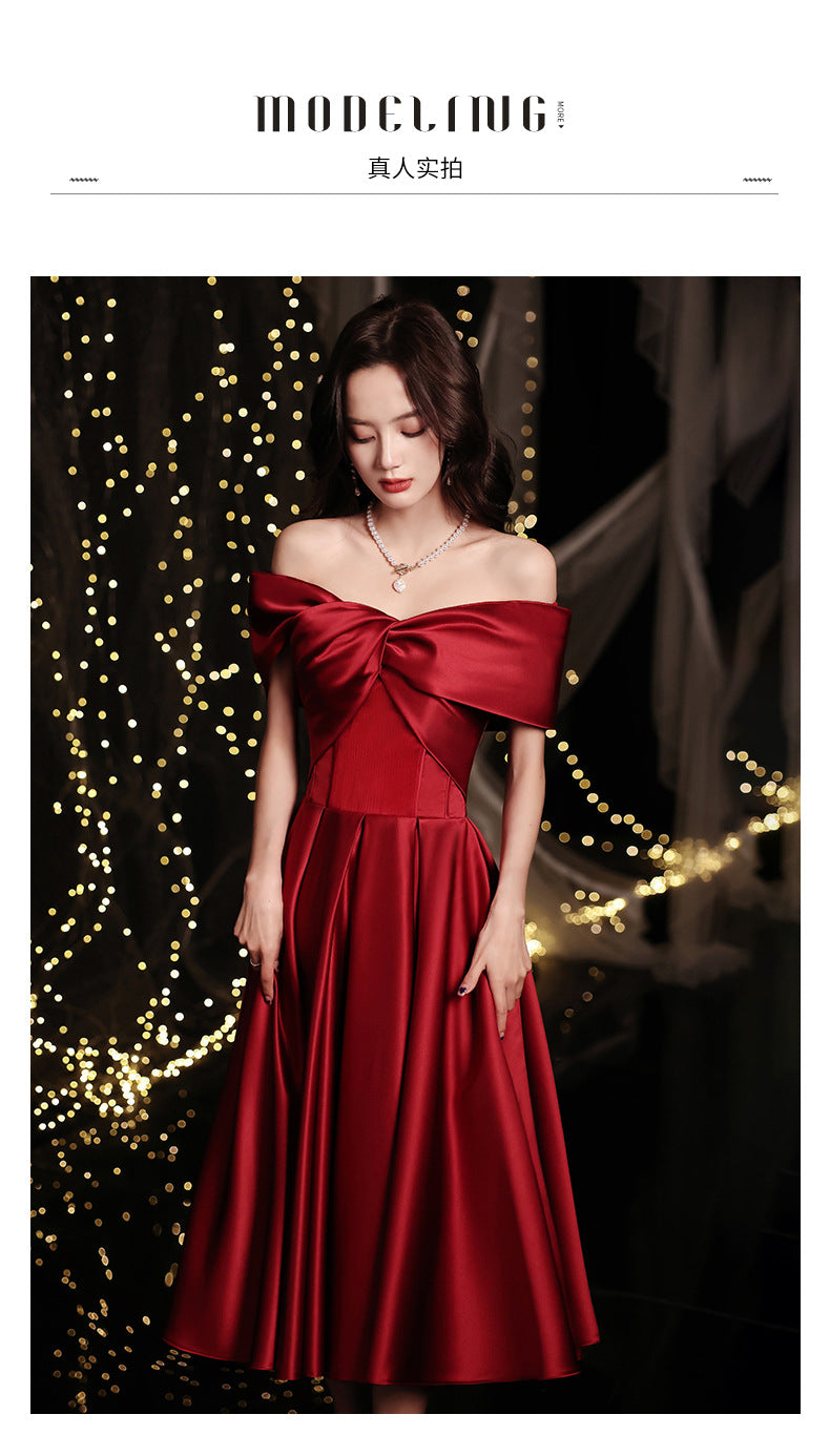 Wine Red Toast Dress Bride 2024 New Appreciation Dinner Engagement Wedding Back-to-Door off-Shoulder Evening Dress for Women Autumn