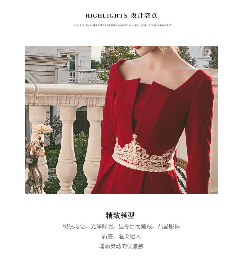 Toast Dress Bride 2024 New Autumn Velvet Long-Sleeved Red Back-to-Door Dinner Dress Marriage Engagement Toast