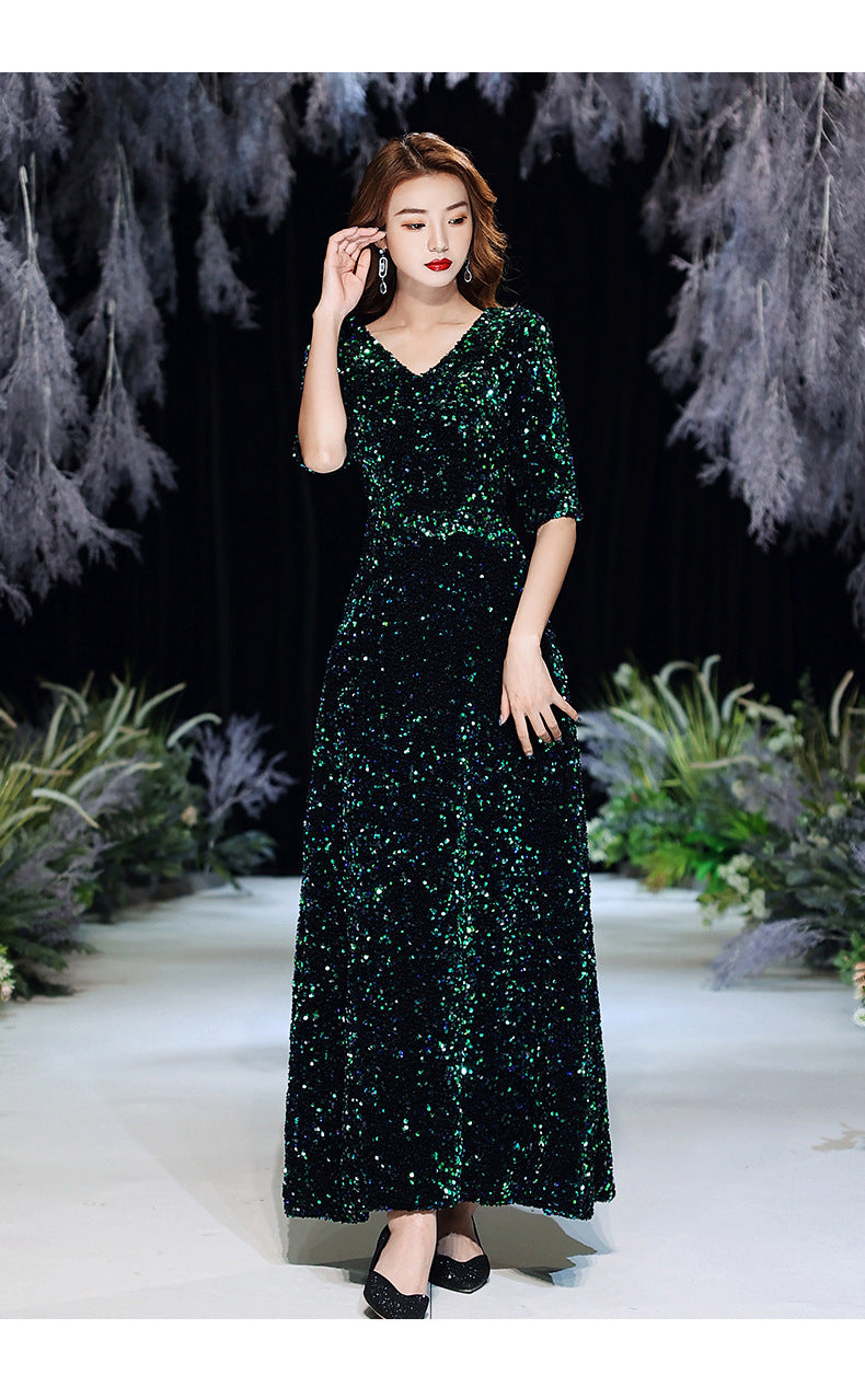 Green Sequins Annual Party Evening Dress Female 2024 Spring and Spring New Banquet Temperament Texture Host Long Dress