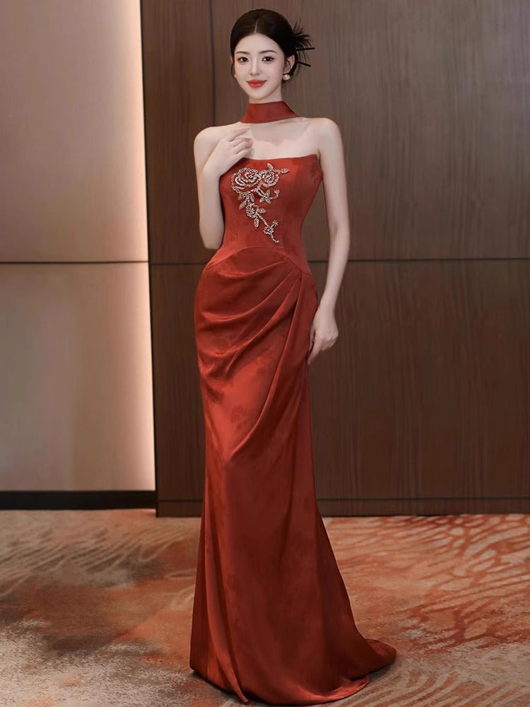 New Chinese Style Morning Gowns Women's 2024 New High-Grade Bride Engagement Formal Dress Toast Dress Tube Top out of Court Banquet Fishtail Skirt