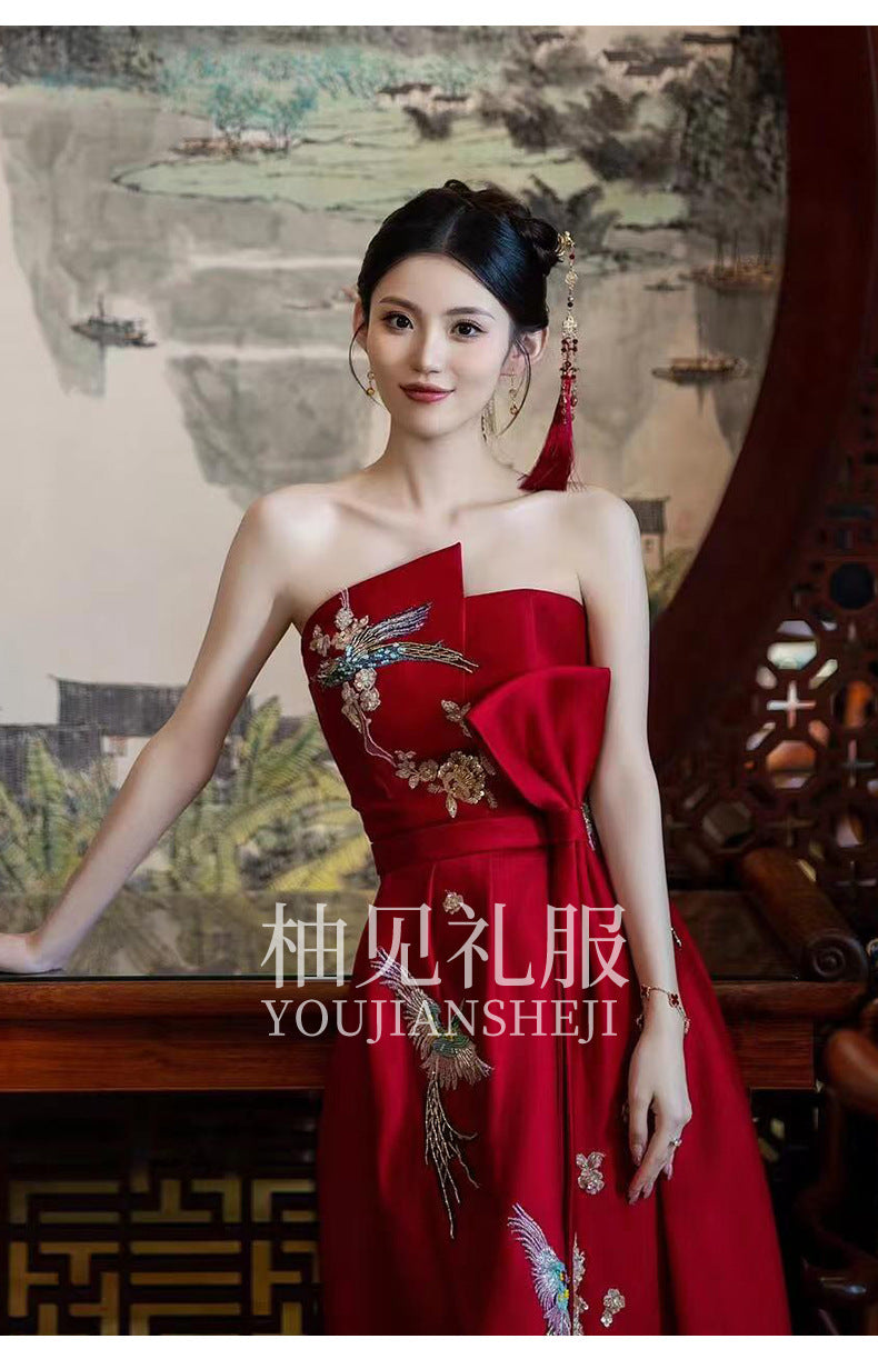 New Chinese Toast Clothing 2024 New Tube Top Morning Gowns Women's Bride Engagement Formal Dress Toast Clothing out of the Court Banquet Back to the Door Clothing