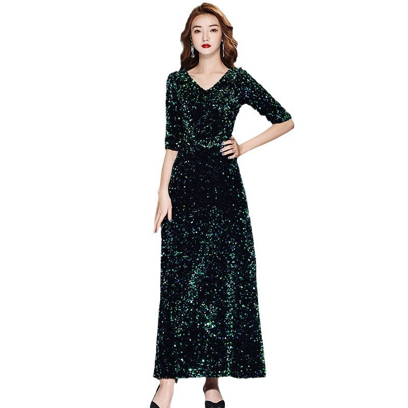 Green Sequins Annual Party Evening Dress Female 2024 Spring and Spring New Banquet Temperament Texture Host Long Dress
